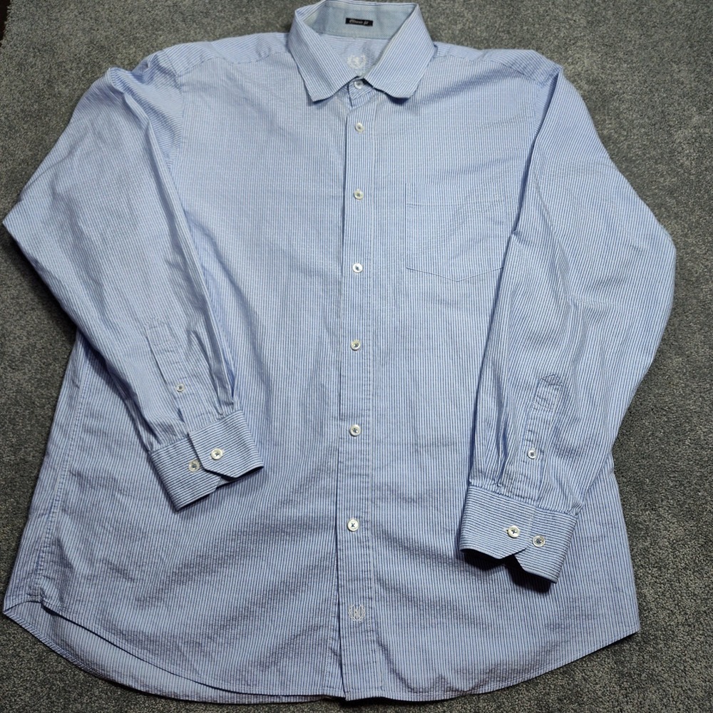 Bugatchi Uomo Shirt Mens XL Blue White Stripe Cotton Classic Fit Dress Casual